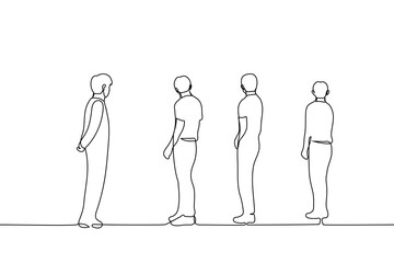 group of men standing and looking in one direction - one line drawing vector. concept attracting the attention of the crowd, male audience, friends watching something