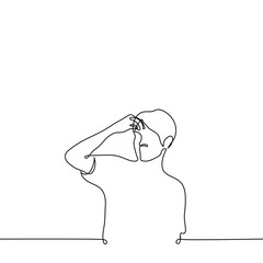 man scratching forehead - one line drawing vector. concept to ponder, suspect, reflect, reflect, brainstorm