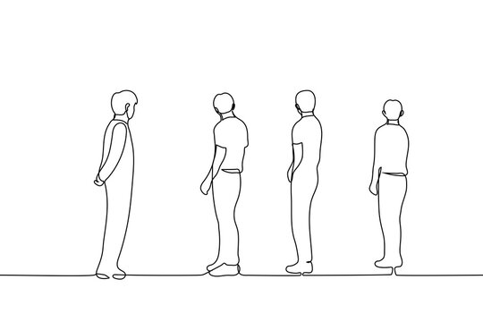 group of men standing and looking in one direction - one line drawing vector. concept attracting the attention of the crowd, male audience, friends watching something