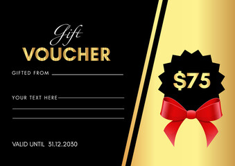 75 Dollar Value Gift Voucher Template with red bow isolated on black background. Premium design for discount certificates, discount coupons, gift card template, premium promotional card.