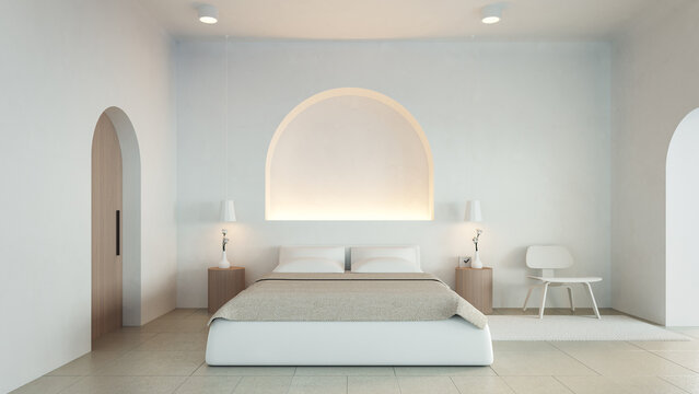 White Bedroom interior Santorini style - 3D rendering