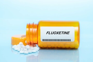 Fluoxetine Drug In Prescription Medication  Pills Bottle - obrazy, fototapety, plakaty