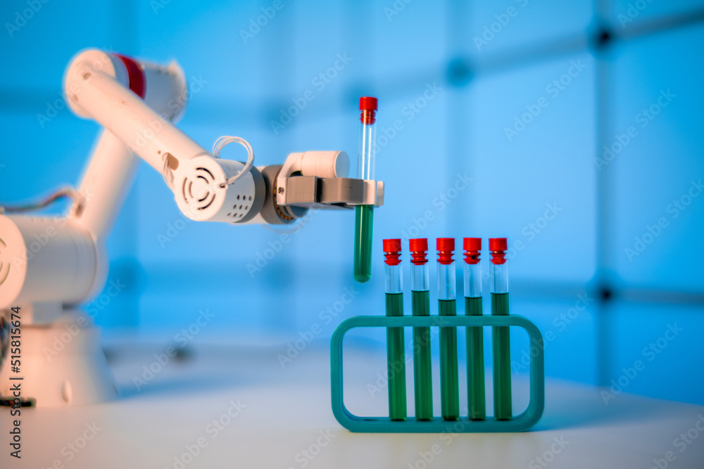 Poster Robot take a test tube with a liquid from Test tube rack in a scientific laboratory