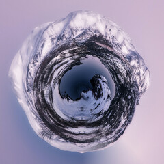 Snowy landscape in Thingvellir national park in Iceland made like Tiny planet