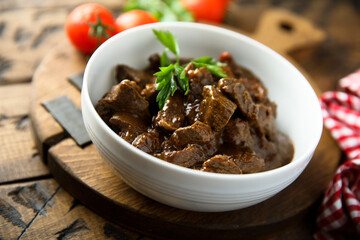Homemade beef goulash or ragout with vegetables