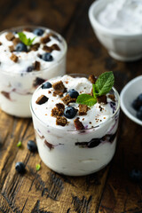 Homemade chocolate trifle with blueberry