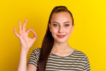 Young woman show okay sign give approval like good thing make ok gesture give permission say yes stand shine background