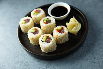 Sushi rolls with tuna and avocado