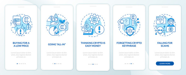 Fototapeta na wymiar Common crypto mistakes blue onboarding mobile app screen. Risks walkthrough 5 steps editable graphic instructions with linear concepts. UI, UX, GUI template. Myriad Pro-Bold, Regular fonts used