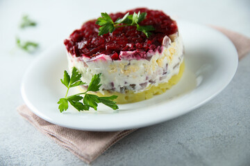 Traditional herring salad with beetroot