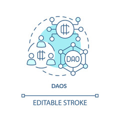 DAOs turquoise concept icon. Decentralized autonomous organization. Make money abstract idea thin line illustration. Isolated outline drawing. Editable stroke. Arial, Myriad Pro-Bold fonts used