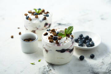 Homemade chocolate trifle with blueberry