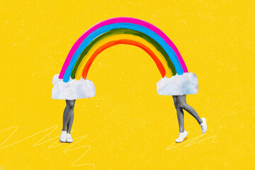 Composite collage image of two girl legs black white black gamma connected huge rainbow isolated on yellow creative background