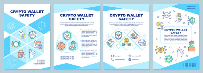 Crypto wallet safety blue brochure template. Coins storage. Leaflet design with linear icons. Editable 4 vector layouts for presentation, annual reports. Arial-Black, Myriad Pro-Regular fonts used