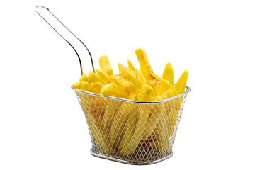 Fried potatoes. French fries isolated on white background. French fries served in a roasting wire. close up