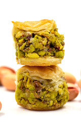 Pistachio baklava. Baklava isolated on white background. Traditional Turkish cuisine delicacies....