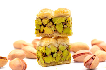 Pistachio baklava. Baklava isolated on white background. Traditional Turkish cuisine delicacies....