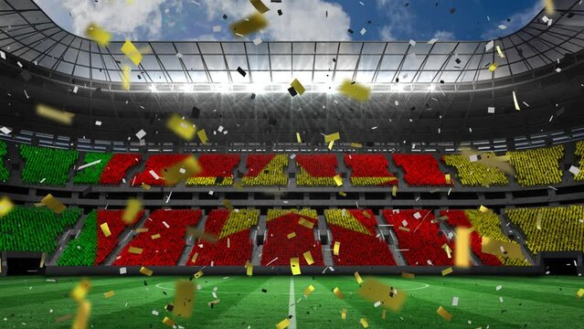 Animation of flag of cameroon and confetti falling over sport stadium