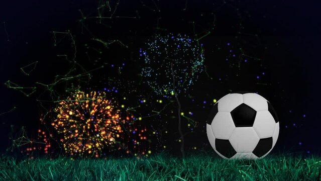 Animation of football and shapes over fireworks