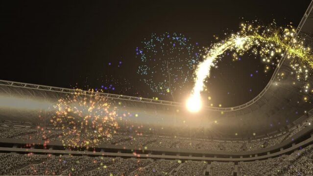 Animation of light trails and fireworks over stadium