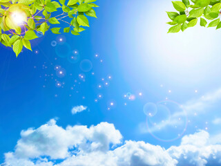 Fototapeta na wymiar 夏の青空と新緑の木洩れ日　背景素材