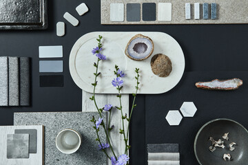 Flat lay composition of creative black architect moodboard with samples of building, textile and...