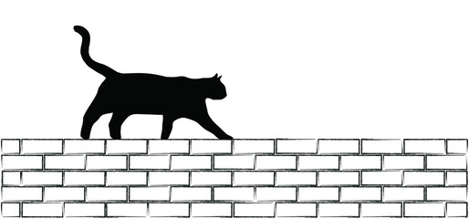 Drawing happy cat line pattern. Kitty silhouette pictogram or symbol walking on the wall. Flat vector brick stone and cats. Cartoon sketch icon. Animals day or Cat day. 