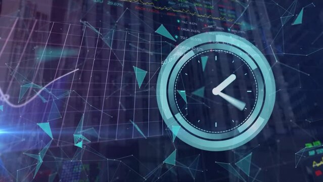 Animation of clock moving and data processing on black background