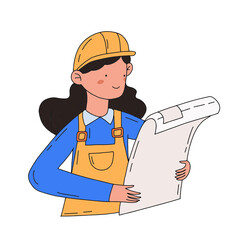 Engineer in hardhat character looking at blueprint hand drawn flat illustration. Engineer day concept in color isolated on white.