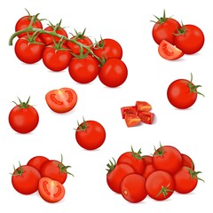 Set of cherry tomatoes for banners, flyers, posters, and social media. Whole, half, quarter cherry tomato. Fresh organic and healthy vegetables. Vector illustration isolated on white background. - obrazy, fototapety, plakaty