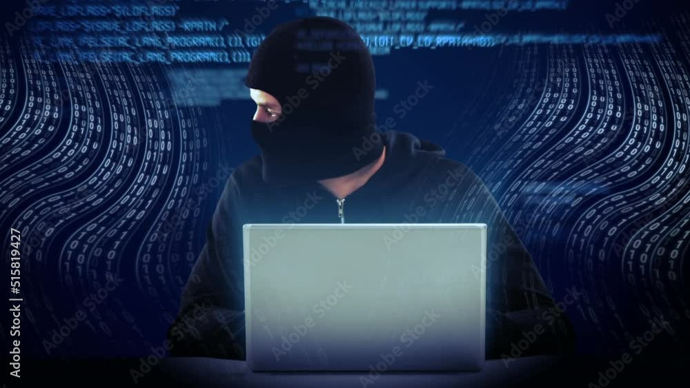 Aufkleber animation of data processing over caucasian male hacker