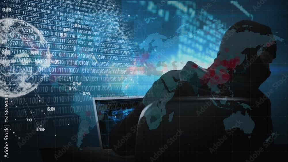 Poster animation of data processing and globe over caucasian male hacker