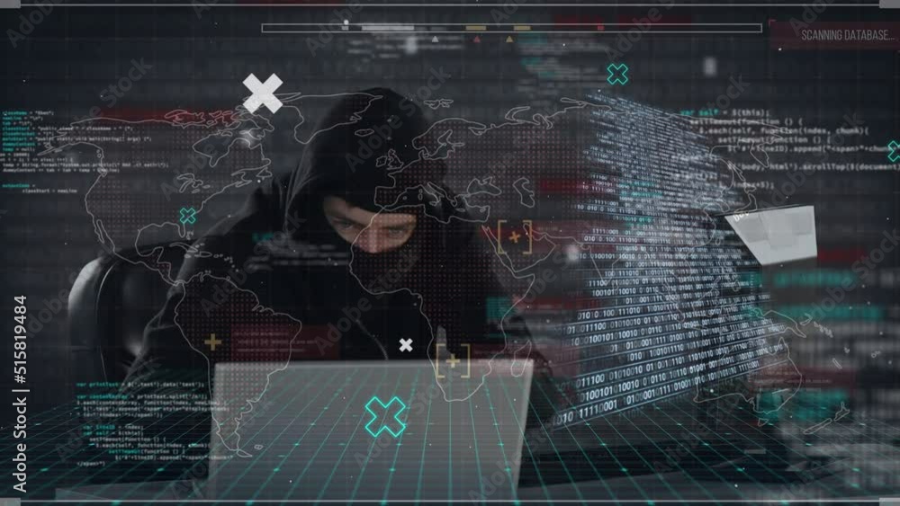 Poster animation of data processing and world map over caucasian male hacker