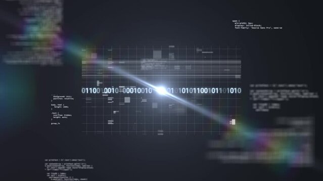 Animation of data processing and light trails on black background