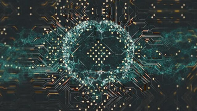 Animation of digital brain over computer circuit board on black background