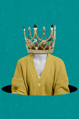 Collage picture of person black white effect golden crown instead head isolated on painted background