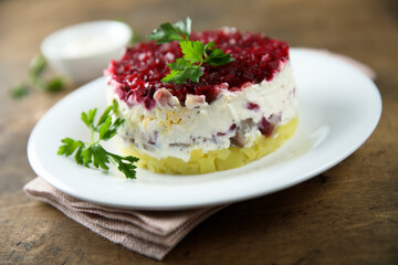 Traditional herring salad with beetroot