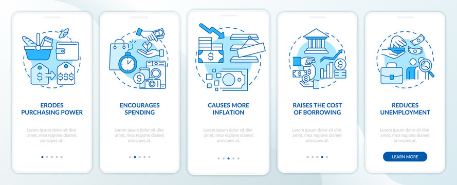 Effects of inflation blue onboarding mobile app screen. Walkthrough 5 steps editable graphic instructions with linear concepts. UI, UX, GUI template. Myriad Pro-Bold, Regular fonts used