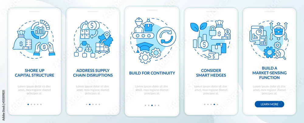 Poster dealing with inflation in business blue onboarding mobile app screen. walkthrough 5 steps editable g