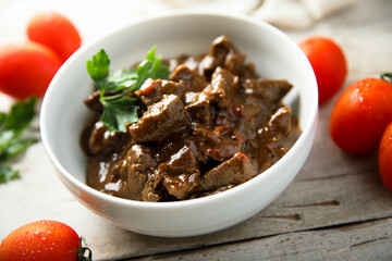 Homemade beef goulash or ragout with vegetables