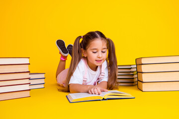 Photo of adorable busy preschool lady dressed pink clothes reading fairytale isolated yellow color...