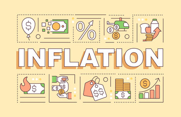Inflation word concepts yellow banner. Rising prices. Infographics with editable icons on color background. Isolated typography. Vector illustration with text. Arial-Black font used