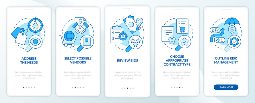 Basic procurement steps blue onboarding mobile app screen. Walkthrough 5 steps editable graphic instructions with linear concepts. UI, UX, GUI template. Myriad Pro-Bold, Regular fonts used
