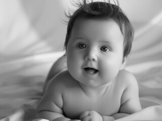 Just beautiful. Cute smiling baby. Cute 3 month old Baby girl infant on a bed on her belly with head up looking with her big eyes. Natural bedroom light. Infant baby. Healthy and medical concept