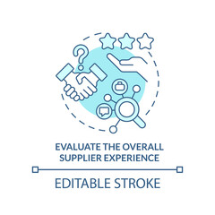 Evaluate overall supplier experience turquoise concept icon. Effective purchasing abstract idea thin line illustration. Isolated outline drawing. Editable stroke. Arial, Myriad Pro-Bold fonts used