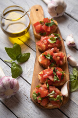 Italian bruschetta bread with tomato and basil