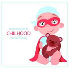 Little boy with teddy bear sits sick with cancer as a superhero on world cancer day