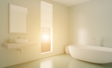 Obraz na płótnie Canvas Sunset.. Scandinavian bathroom, classic vintage interior design. 3D rendering.