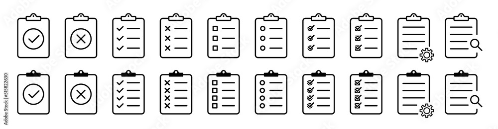 Poster document list icon. clipboard form icon collection. document preparation set signs. stock vector. ep