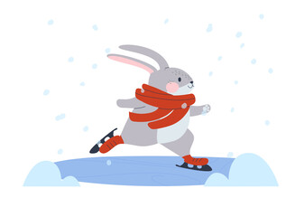 A gray rabbit in a red scarf skates on ice in winter. Isolated on white background.Flat vector illustration. Eps10